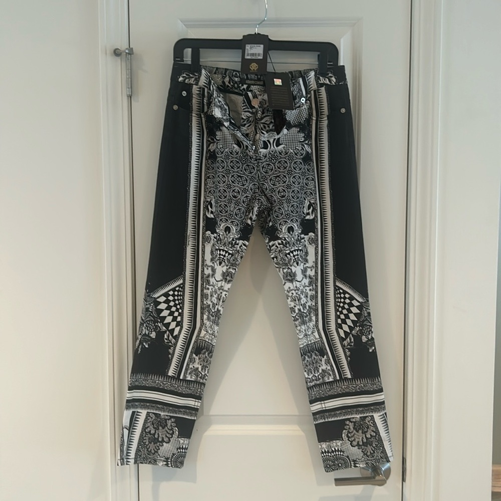 Roberto Cavalli cropped, straight leg, patterned jeans.